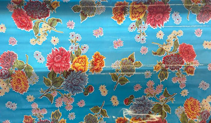 Mums on Light Blue Oilcloth Fabric Full Bolt - 12 Continuous Yards, 47.5" Wide