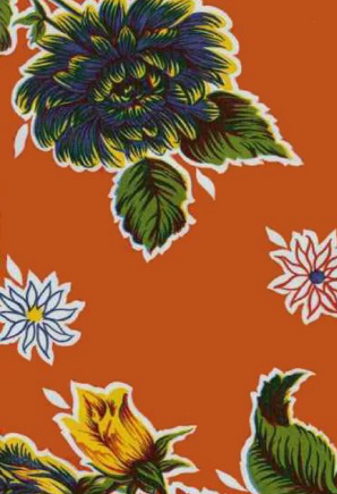 Mums on Orange Oilcloth Fabric Full Bolt - 12 Continuous Yards, 47.5" Wide