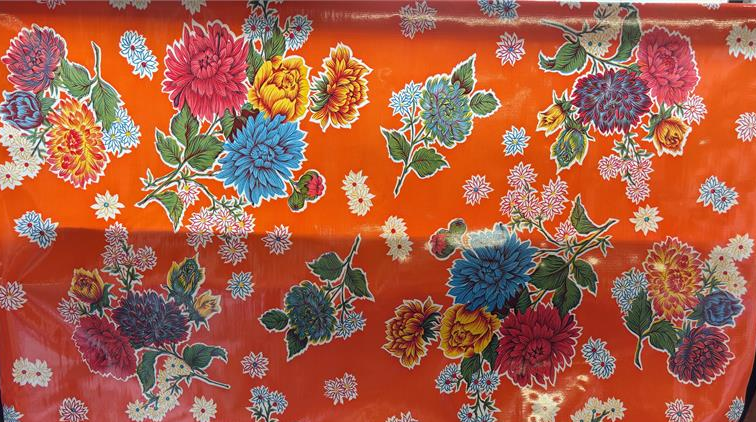 Mums on Orange Oilcloth Fabric Full Bolt - 12 Continuous Yards, 47.5" Wide