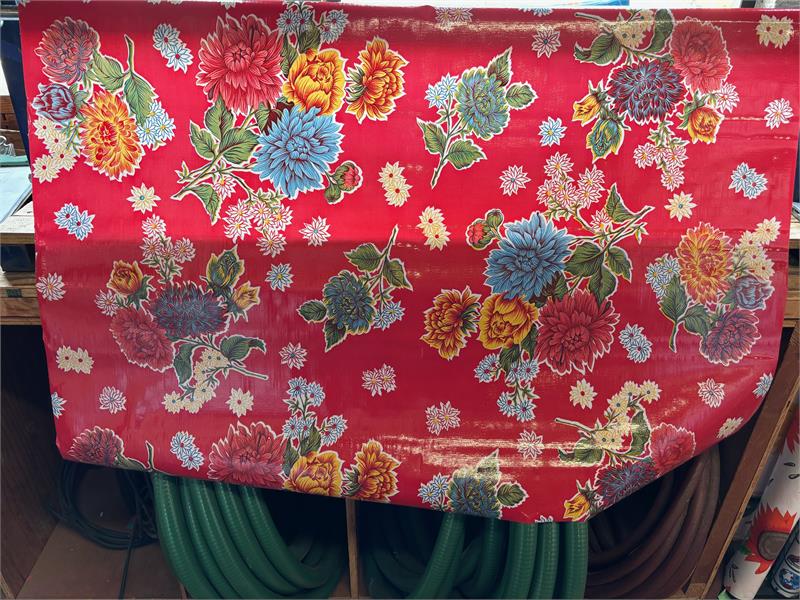 Mums on Red Oilcloth Fabric Full Bolt - 12 Continuous Yards, 47.5" Wide