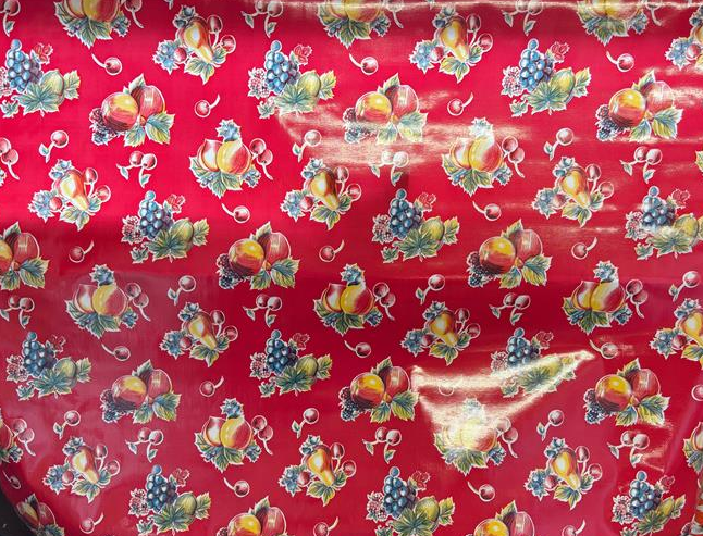 Pears and Apples on Red Oilcloth Fabric by the Yard - 47.5" Wide