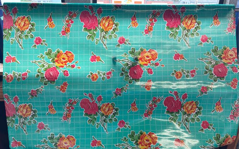 Rosegall on Aqua Floral Oilcloth Fabric Full Bolt - 12 Continuous Yards, 47.5" Wide