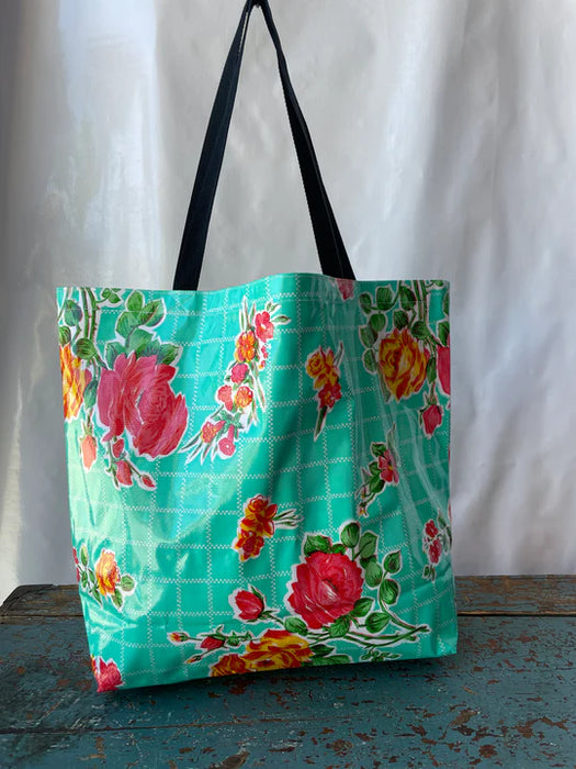 Rosegall on Aqua Floral Oilcloth Fabric Full Bolt - 12 Continuous Yards, 47.5" Wide