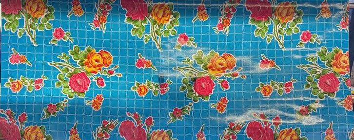 Rosegall on Blue Oilcloth Fabric Full Bolt - 12 Continuous Yards, 47.5" Wide