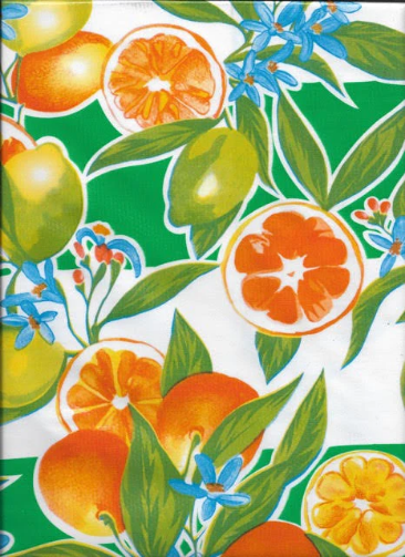 Seville Oranges with Green Stripe Oilcloth Fabric Full Bolt - 12 Continuous Yards, 47.5" Wide