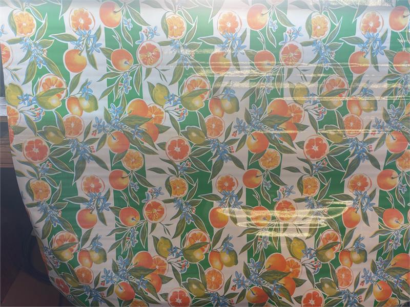 Seville Oranges with Green Stripe Oilcloth Fabric Full Bolt - 12 Continuous Yards, 47.5" Wide