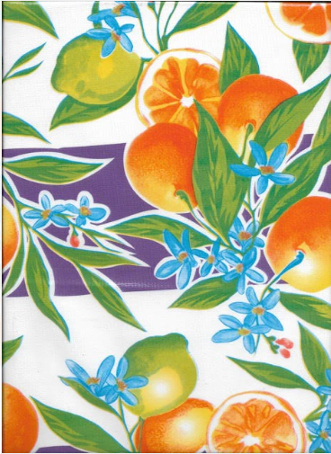 Seville Oranges with Purple Stripe Oilcloth Fabric Full Bolt - 12 Continuous Yards, 47.5" Wide