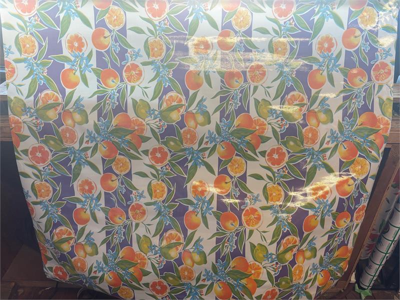 Seville Oranges with Purple Stripe Oilcloth Fabric Full Bolt - 12 Continuous Yards, 47.5" Wide