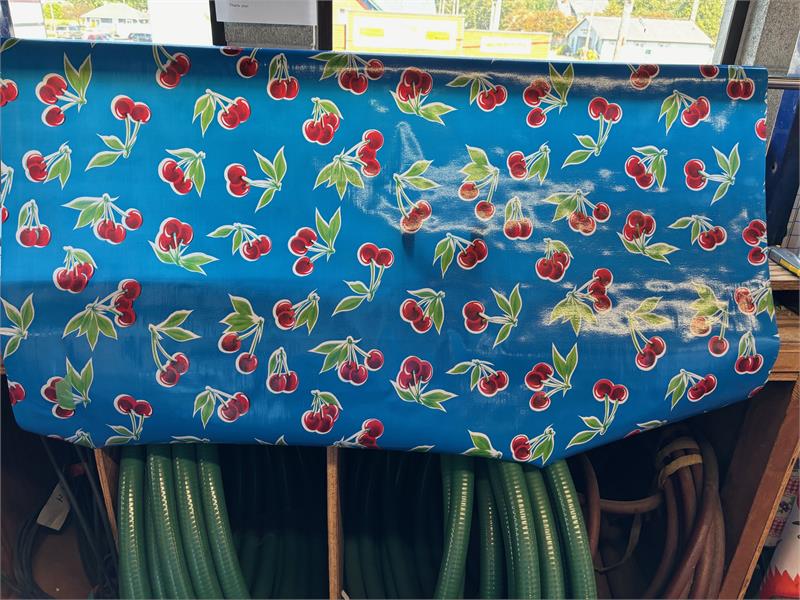 Stella Cherries on Blue Oilcloth Fabric Full Bolt - 12 Continuous Yards, 47.5" Wide