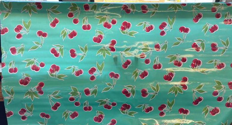 Stella Cherries on Aqua Oilcloth Fabric by the Yard - 47.5" Wide
