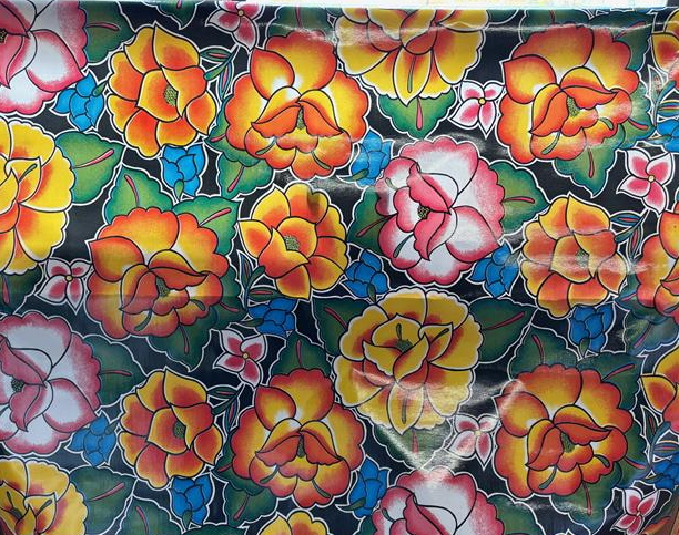 Tehuana on Black Oilcloth Fabric by the Yard - 47.5" Wide
