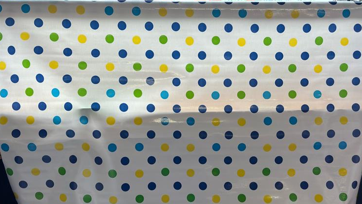 Tokyo Dots Blue and Yellow on White Oilcloth Fabric Full Bolt - 12 Continuous Yards, 47.5" Wide