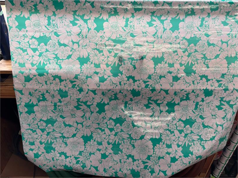 Victoria White on Aqua Blue Oilcloth Fabric by the Yard - 47.5" Wide