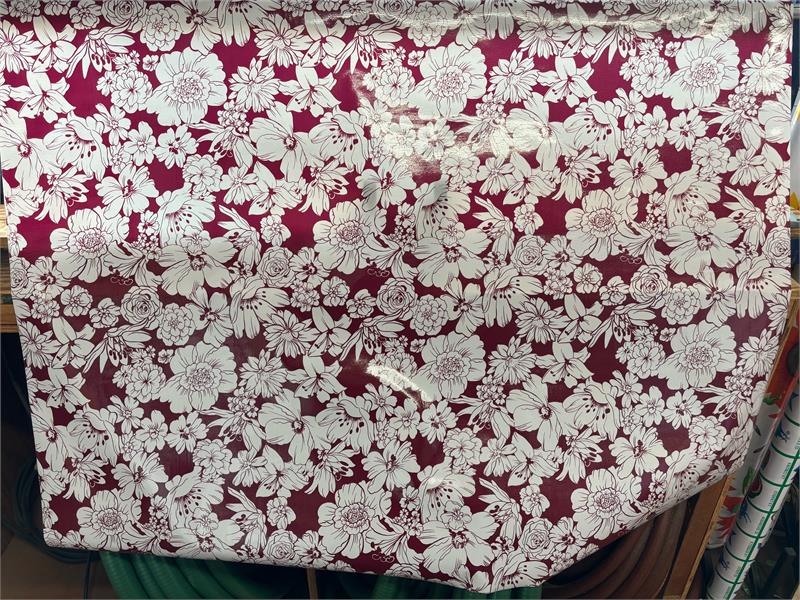 Victoria White on Burgundy Oilcloth Fabric Full Bolt - 12 Continuous Yards, 47.5" Wide