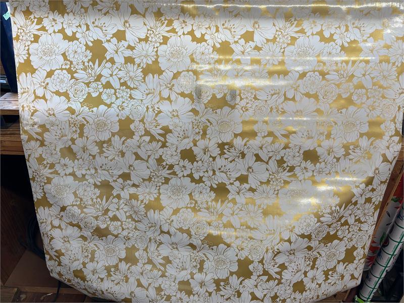 Victoria White on Metallic Gold Oilcloth Fabric by the Yard - 47.5" Wide