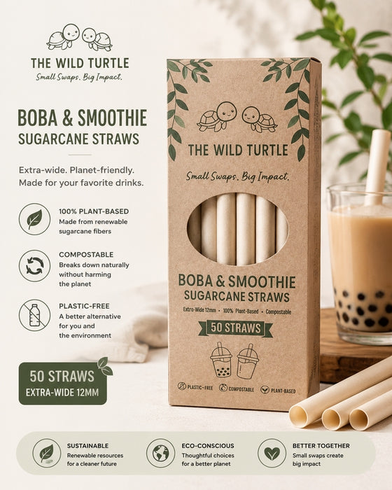 The Wild Turtle Boba & Smoothie Sugarcane Straws, 50 Count