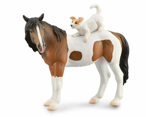 This figurine model is the first time that CollectA is taking a fanciful look at companionship between a little mixed breed dog and a gentle pony mare. The little dog invites the mare to play from up on top of her back. It shows the closeness of animals.