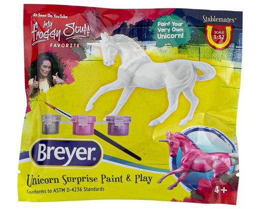 These surprise bags include a ready-to-paint Stablemates unicorn, three paint pots, and a paintbrush. But which unicorn you'll receive is a surprise!  Four different unicorn models; collect them all.  Blind bags are great for party favors and activities.
