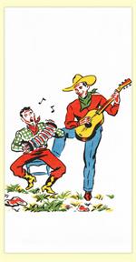 Red and White Kitchen Retro Singing Cowboys Flour Sack Towel 100% Cotton